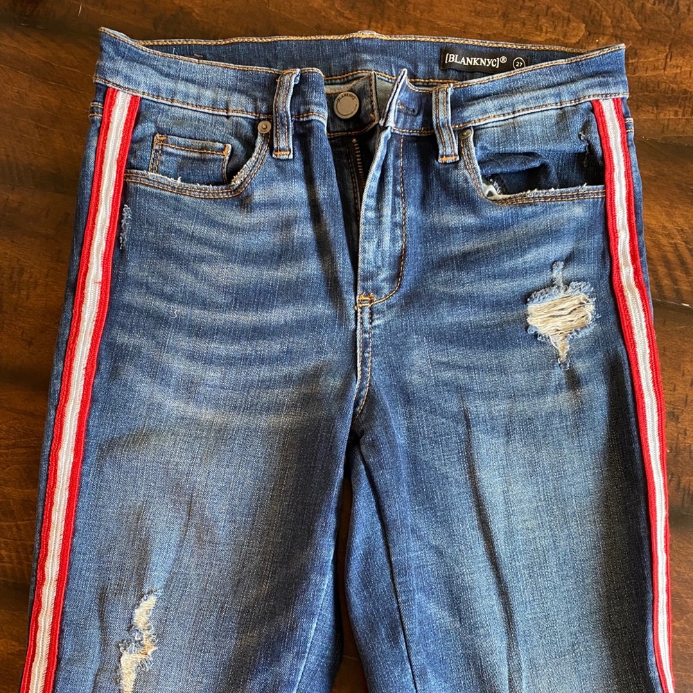 Blank NYC Distressed Denim Jeans with Red & White Strips on Sides - Picture 1 of 6